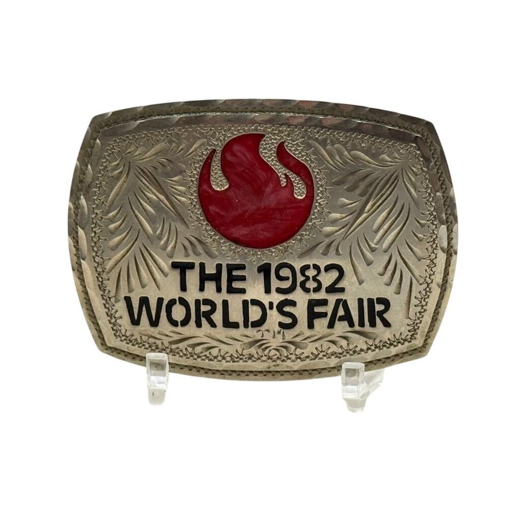 1982 World's Fair Flame Leaf Scroll Belt Buckle Hand Crafted Label Silver Tone